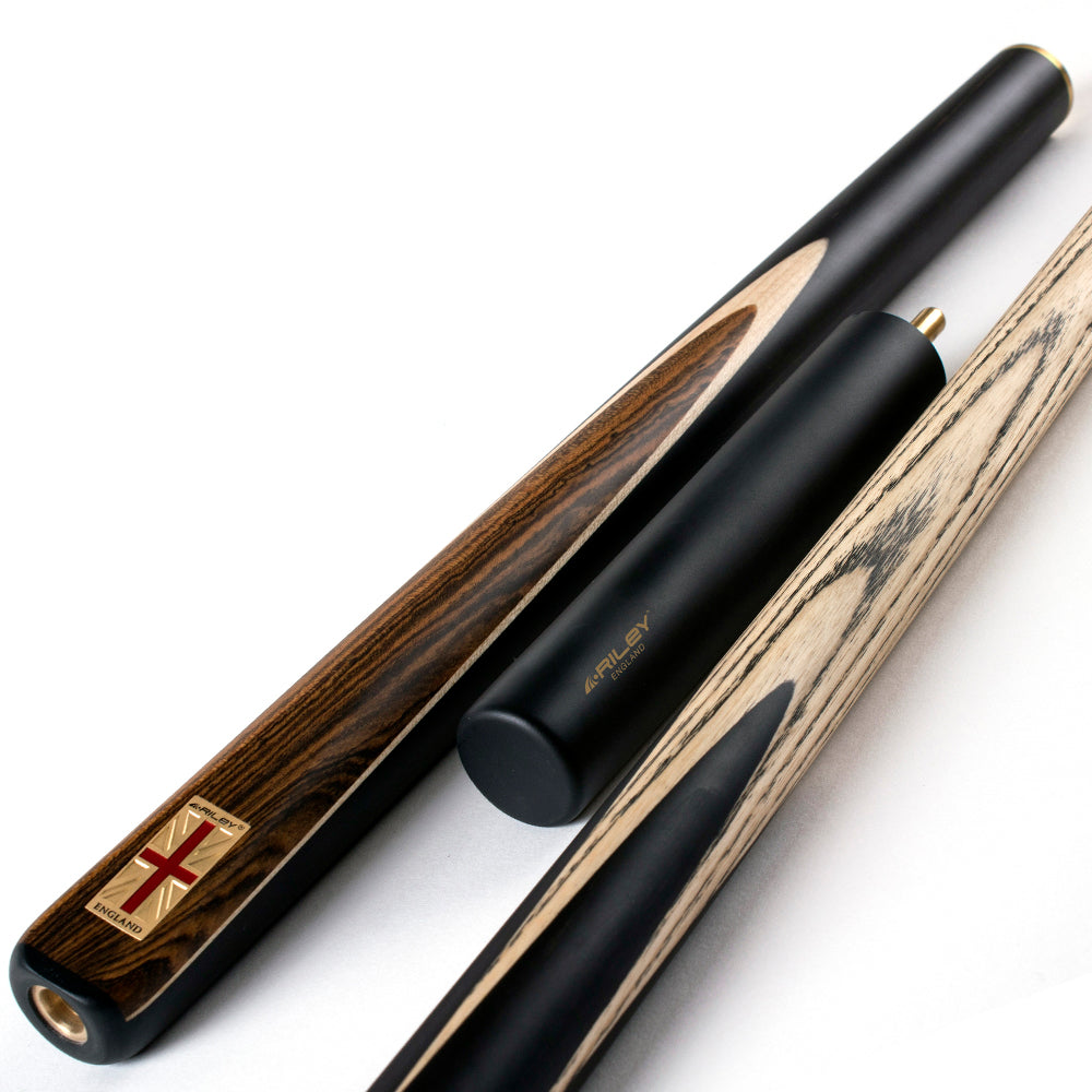 Riley England 3 Piece Snooker Cue - 3/4 Cut Cue - Layered Ebonised Black Wood Butt - 9.5mm Tip - 145cm - Black/ Dark Wood