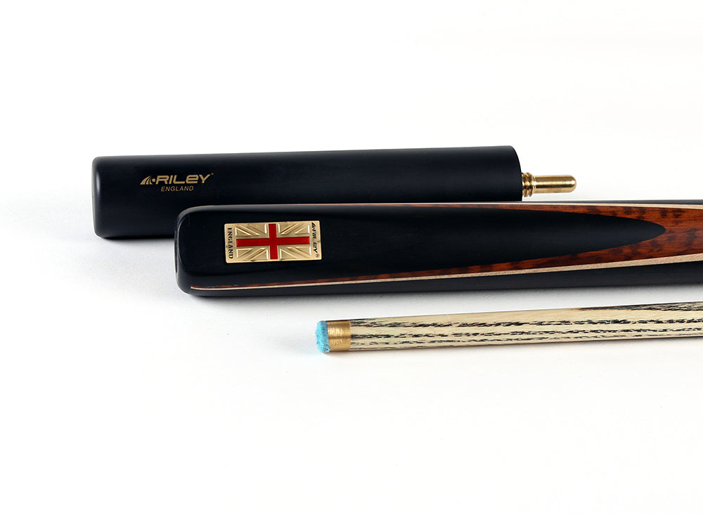 Riley England 3 Piece Snooker Cue and Hard Case 3/4 Cut- Layered Ebonised Black Wood Butt with 9.5mm Tip - 145cm - Black/ Dark Wood/ Maple