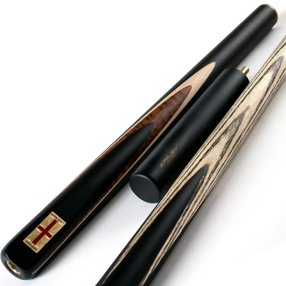 Riley England 3 Piece Snooker Cue and Hard Case 3/4 Cut- Layered Ebonised Black Wood Butt with 9.5mm Tip - 145cm - Black/ Dark Wood/ Maple